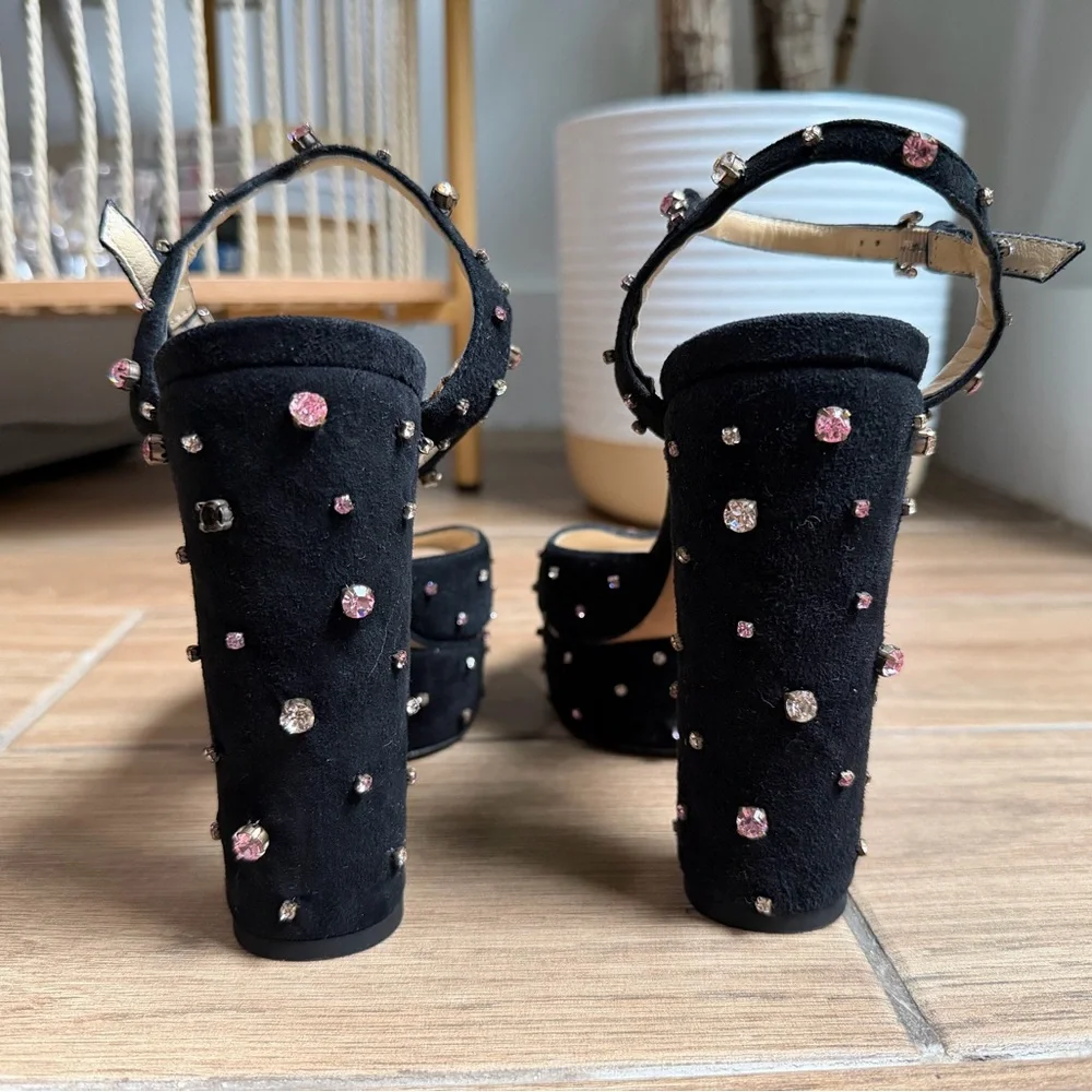 Jimmy Choo Black Suede Rhinestone Heels Platform Ankle Strap Pink Crystal